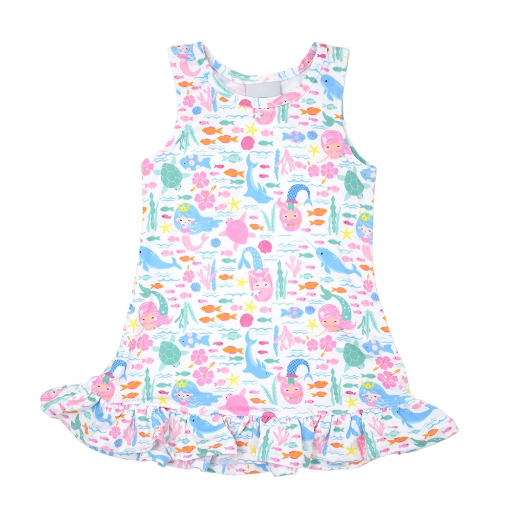 Flap Happy White Mermaid & Ocean Print Ruffle Hem Dress